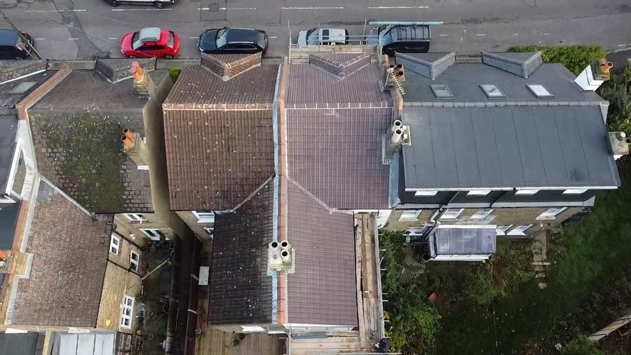 Aerial view of a completed new roof