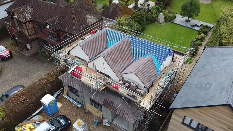 A property receiving a new roof, seen from above